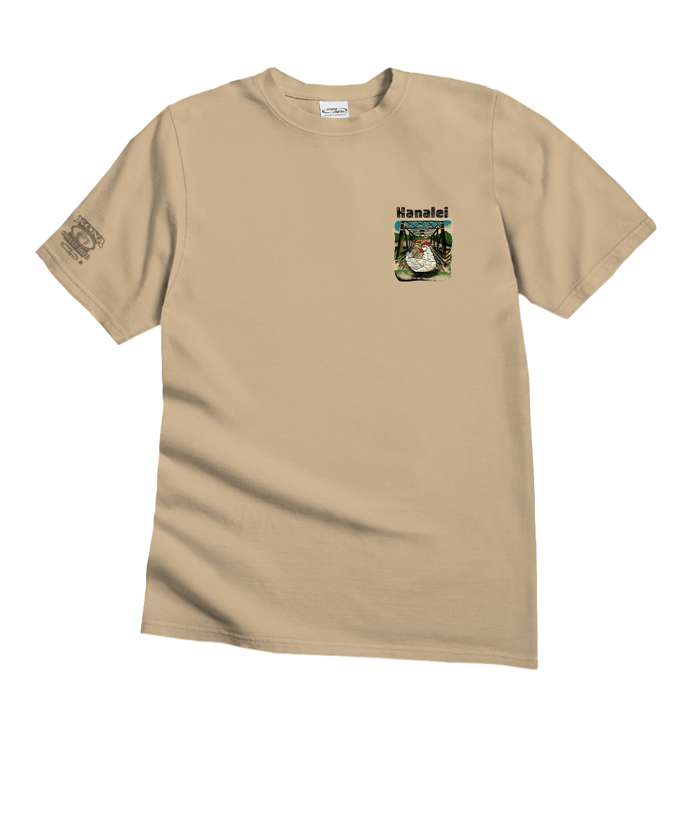 A beige short-sleeve crewneck t-shirt with a small graphic print on the left chest featuring a cat and the text 'Hanahei', displayed against a plain white background. View 4