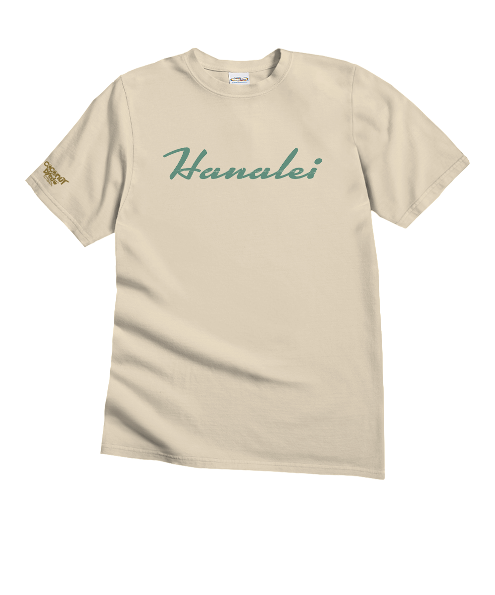 A beige short-sleeve crewneck t-shirt with 'Hanalei' printed in green cursive across the chest and a small gold graphic on the left sleeve, shown against a plain white background. View 4
