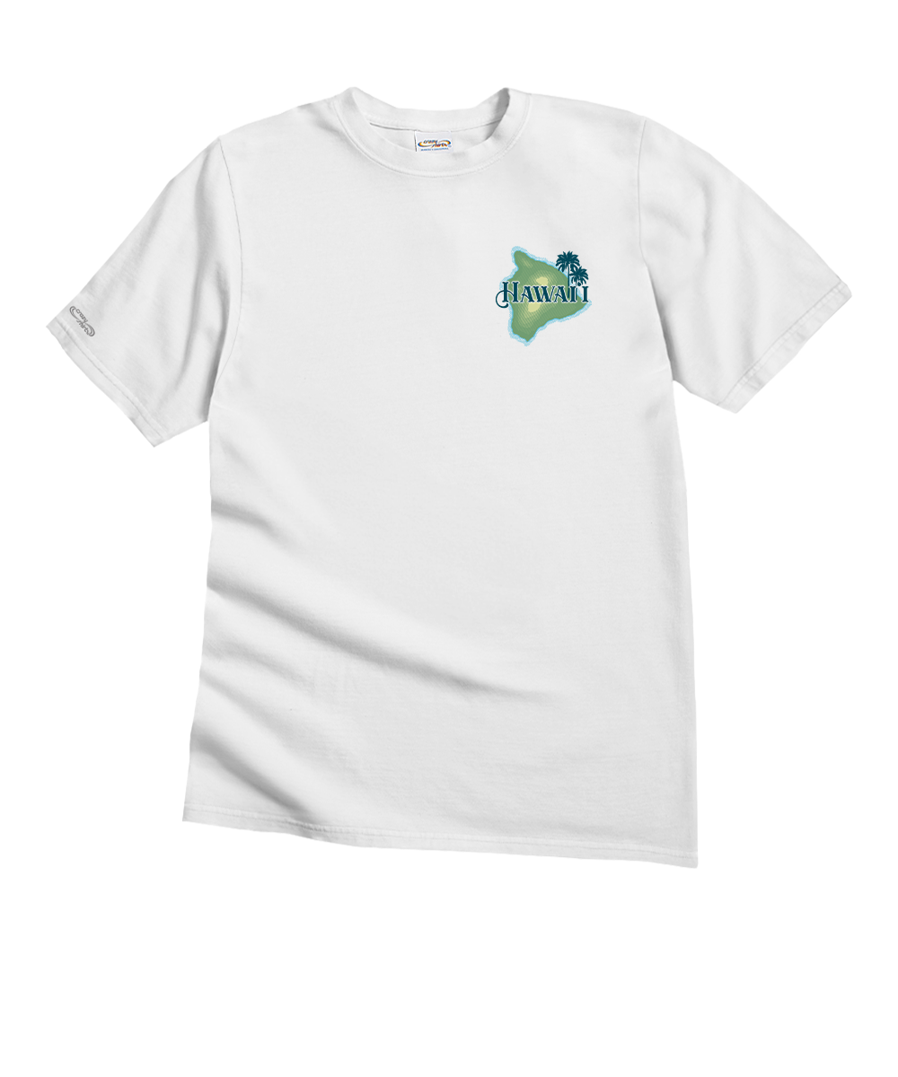 A white short-sleeve crewneck t-shirt featuring a small graphic on the left chest with a green map outline of Hawaii and the word 'HAWAII' in blue text. View 4