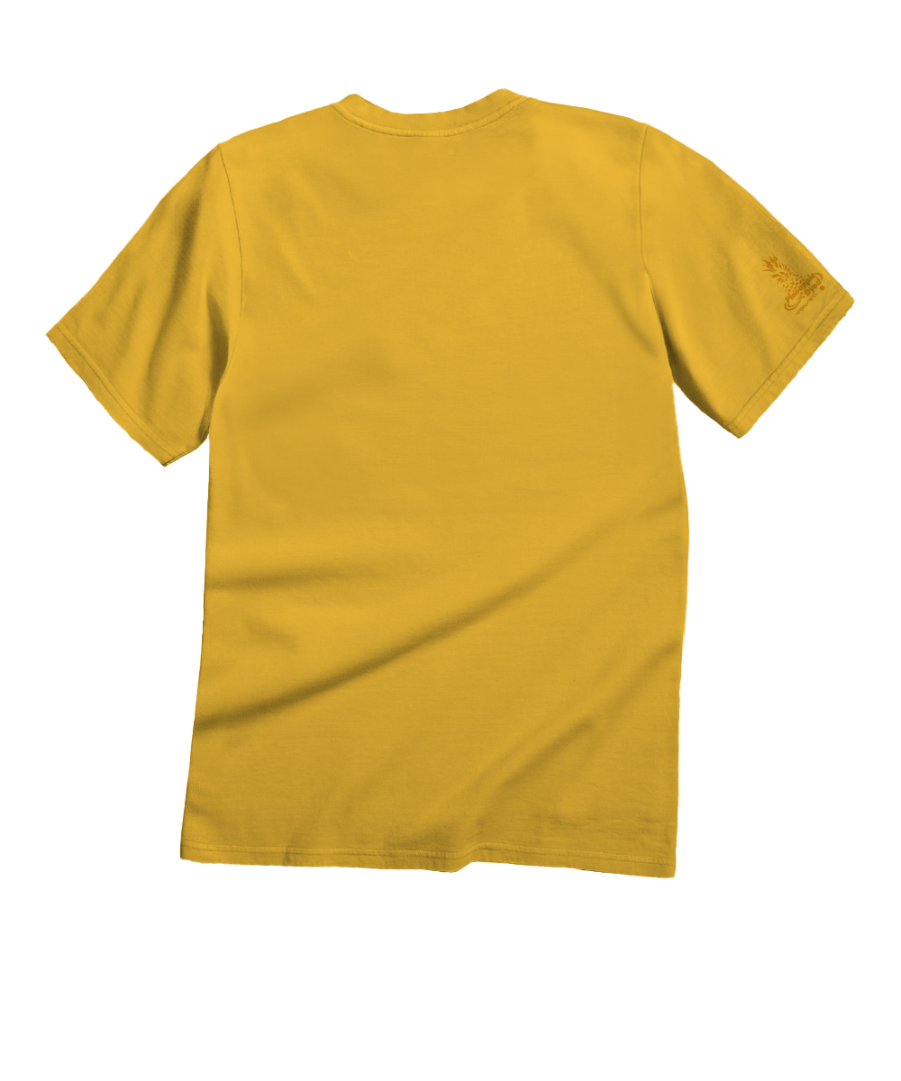 A plain yellow short-sleeve t-shirt shown from the back, laid flat against a solid white background. View 4