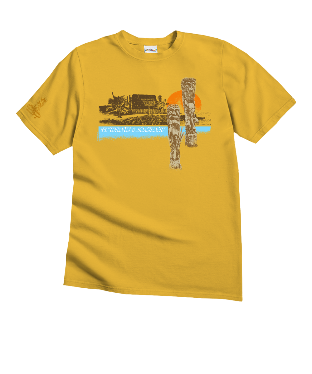 A yellow short-sleeve crewneck t-shirt featuring a graphic print of a Native American totem pole and a vehicle against an orange and blue sunset background. View 1