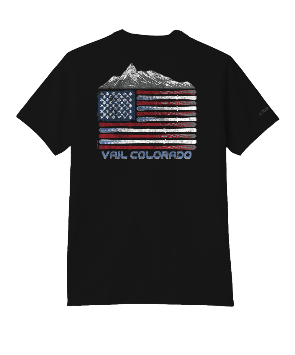 Black t-shirt with mountain and American flag design on the back, featuring 'Vail Colorado'. View 1