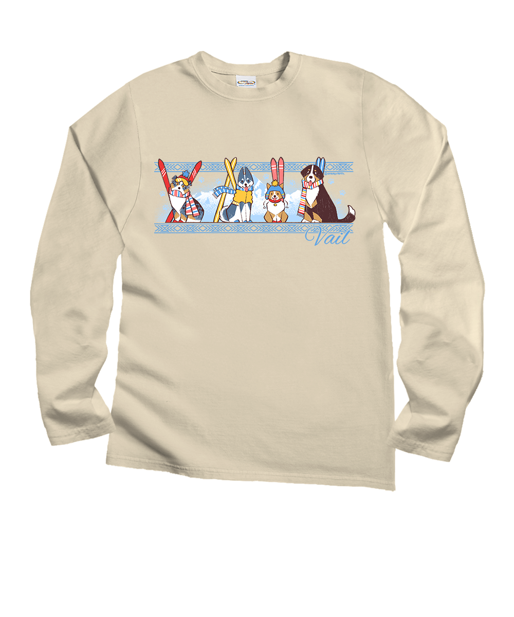 Beige long-sleeve shirt with a graphic of dogs and skis on a white background View 1