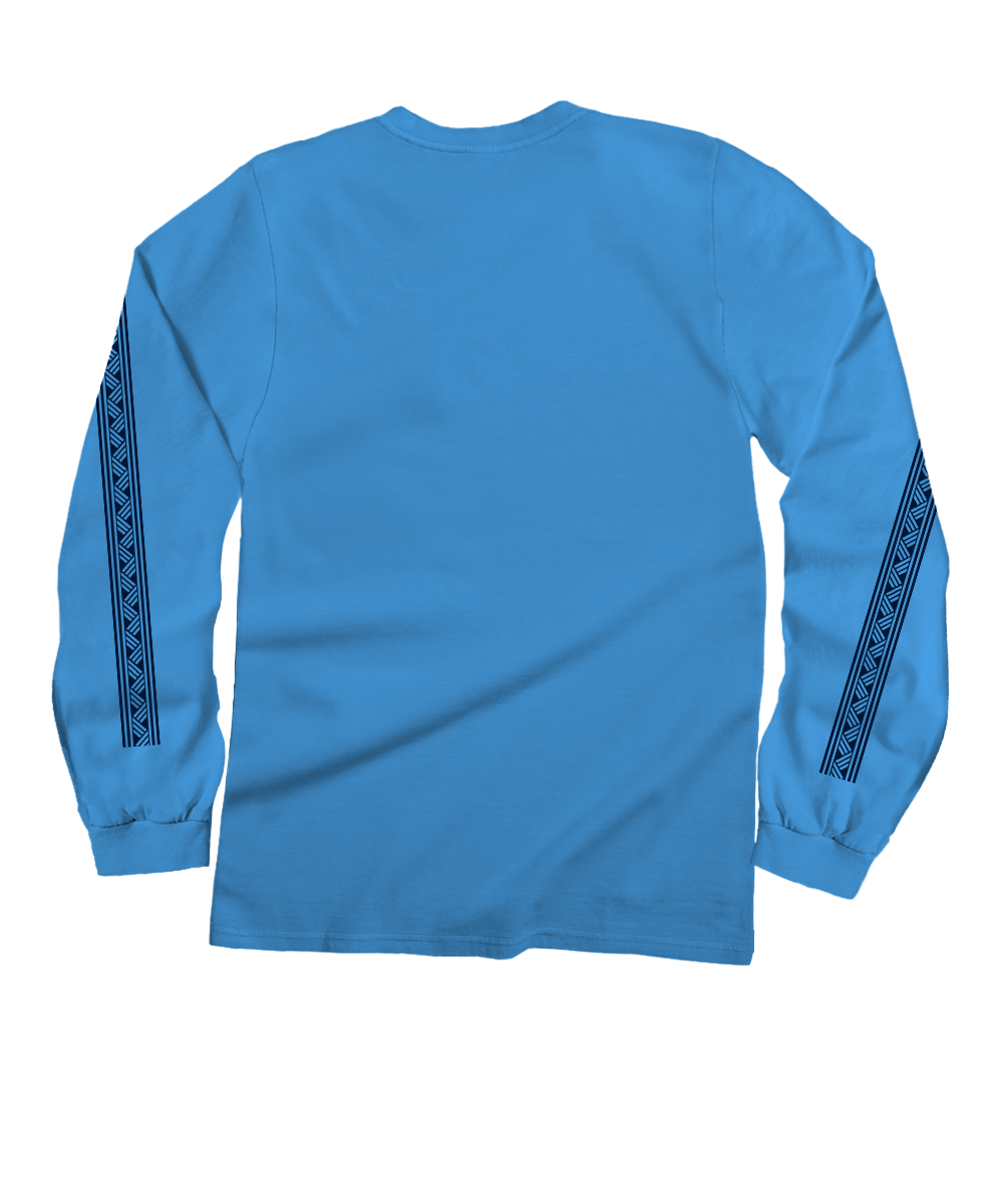 A bright blue long-sleeve t-shirt shown from the back, featuring dark blue geometric patterned stripes running down both sleeves. View 4