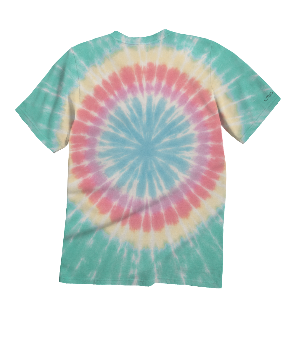 Tie-dye t-shirt with a multicolored spiral design on a white background View 4
