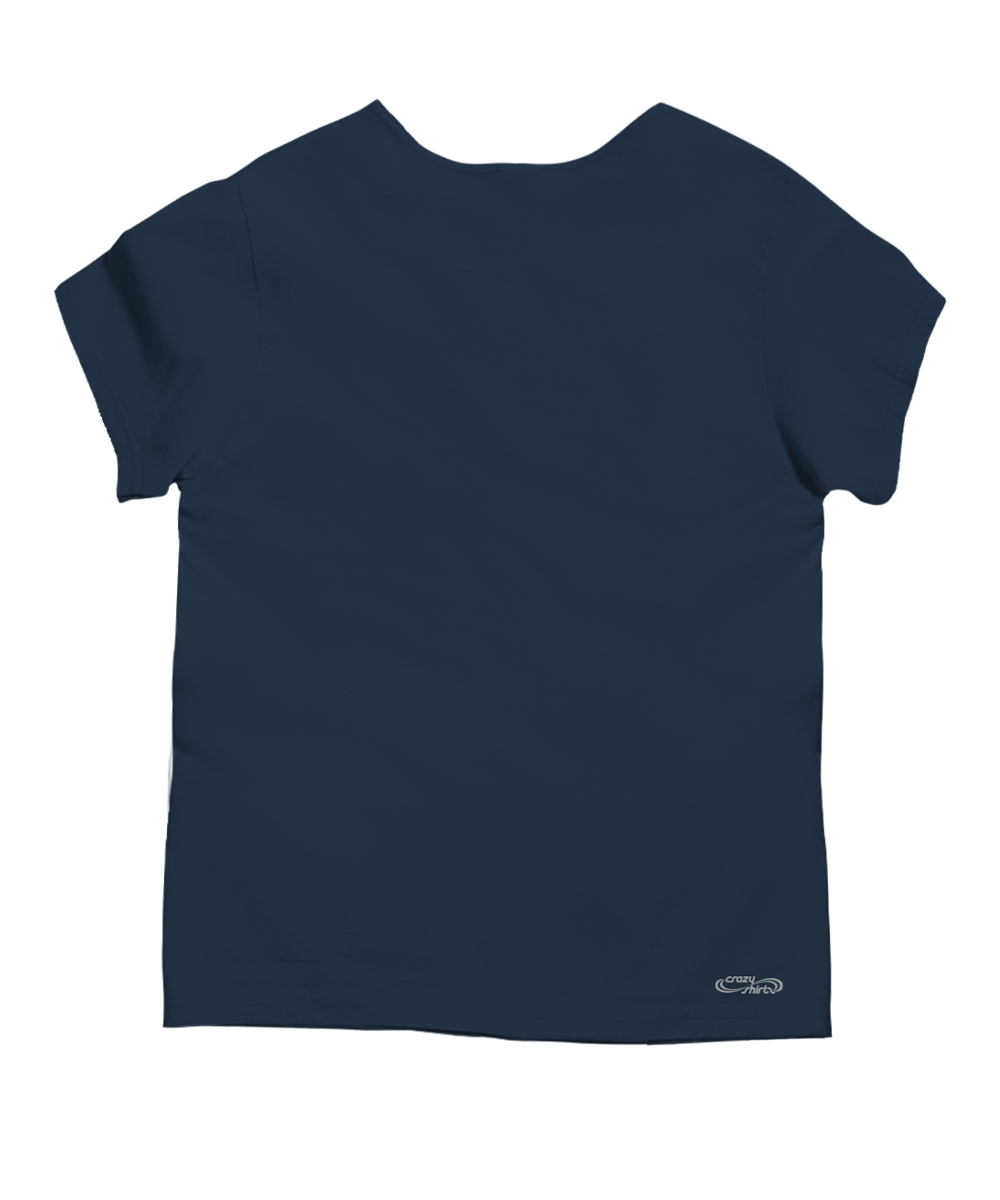 A dark navy blue short-sleeve t-shirt shown from the back, featuring a small white embroidered logo near the bottom right hem, set against a plain white background. View 4