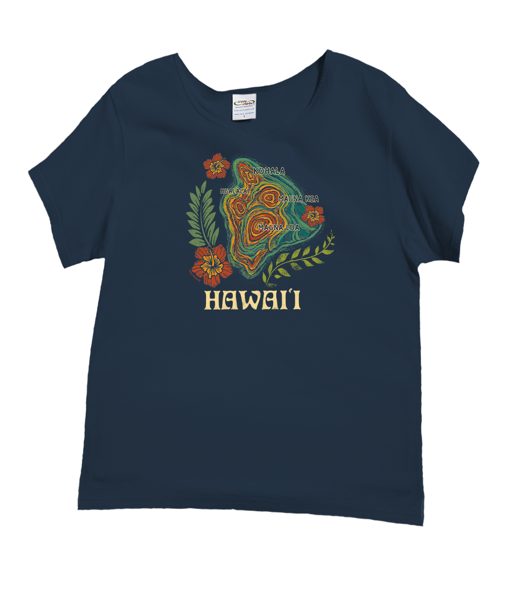 A navy blue short-sleeve t-shirt with a colorful graphic of a Hawaiian island surrounded by flowers and the word 'HAWAII' printed below it, displayed on a clean white background. View 1