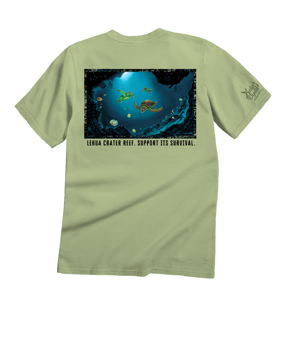 Light green t-shirt with an underwater graphic and text on the back, on a white background.