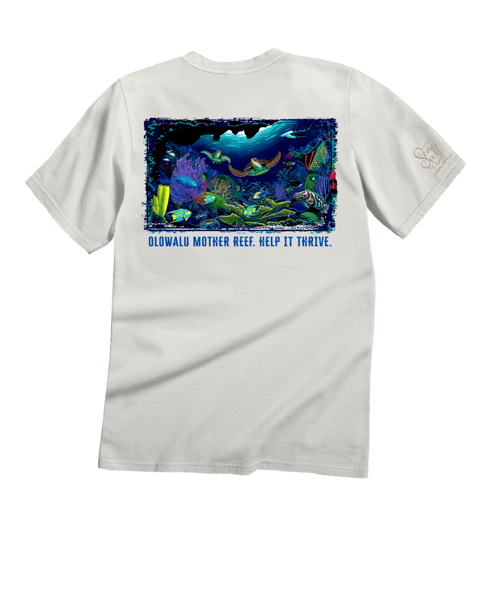 White t-shirt with a colorful underwater scene and text on the back, on a white background.