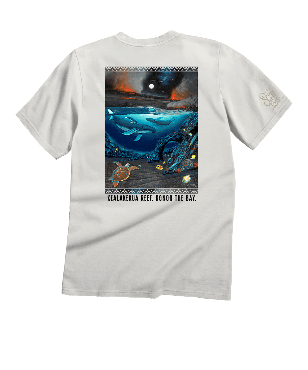 White t-shirt with a graphic of whales and ocean elements on the back, displayed on a white background.