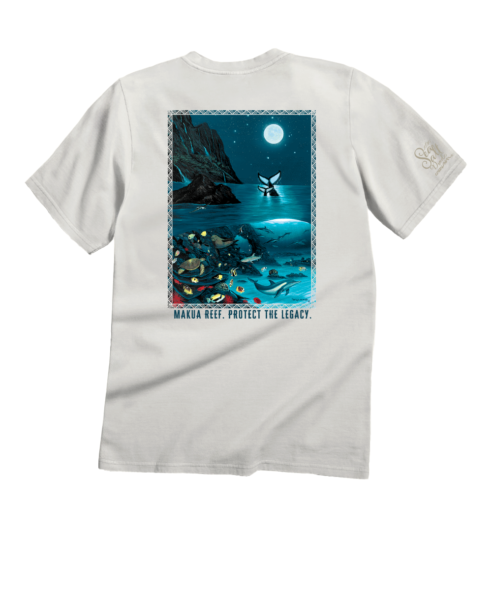 White t-shirt with a graphic of a whale and underwater scene on the back, on a white background.