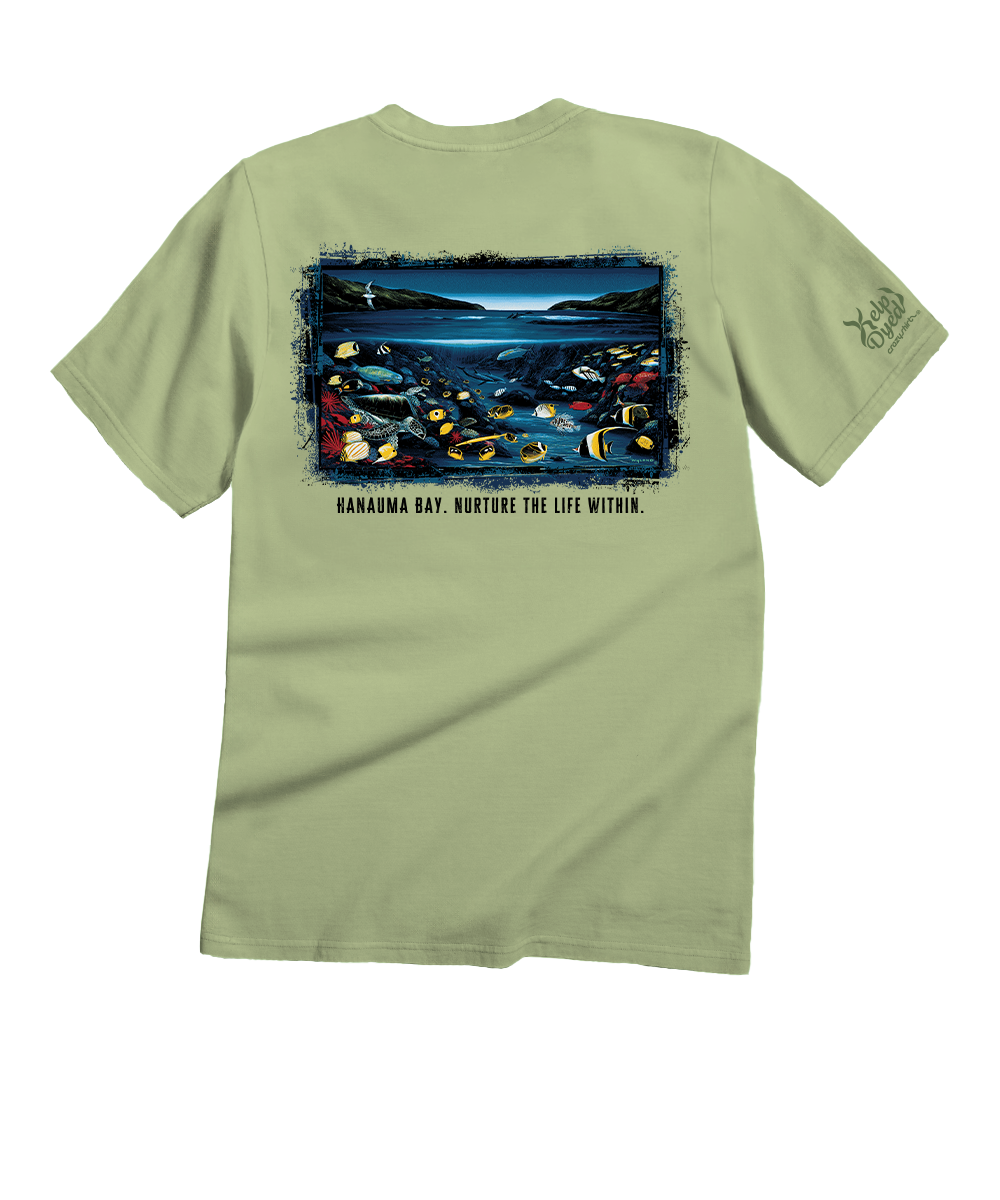 Light green t-shirt with a graphic design on the back, displayed against a white background.