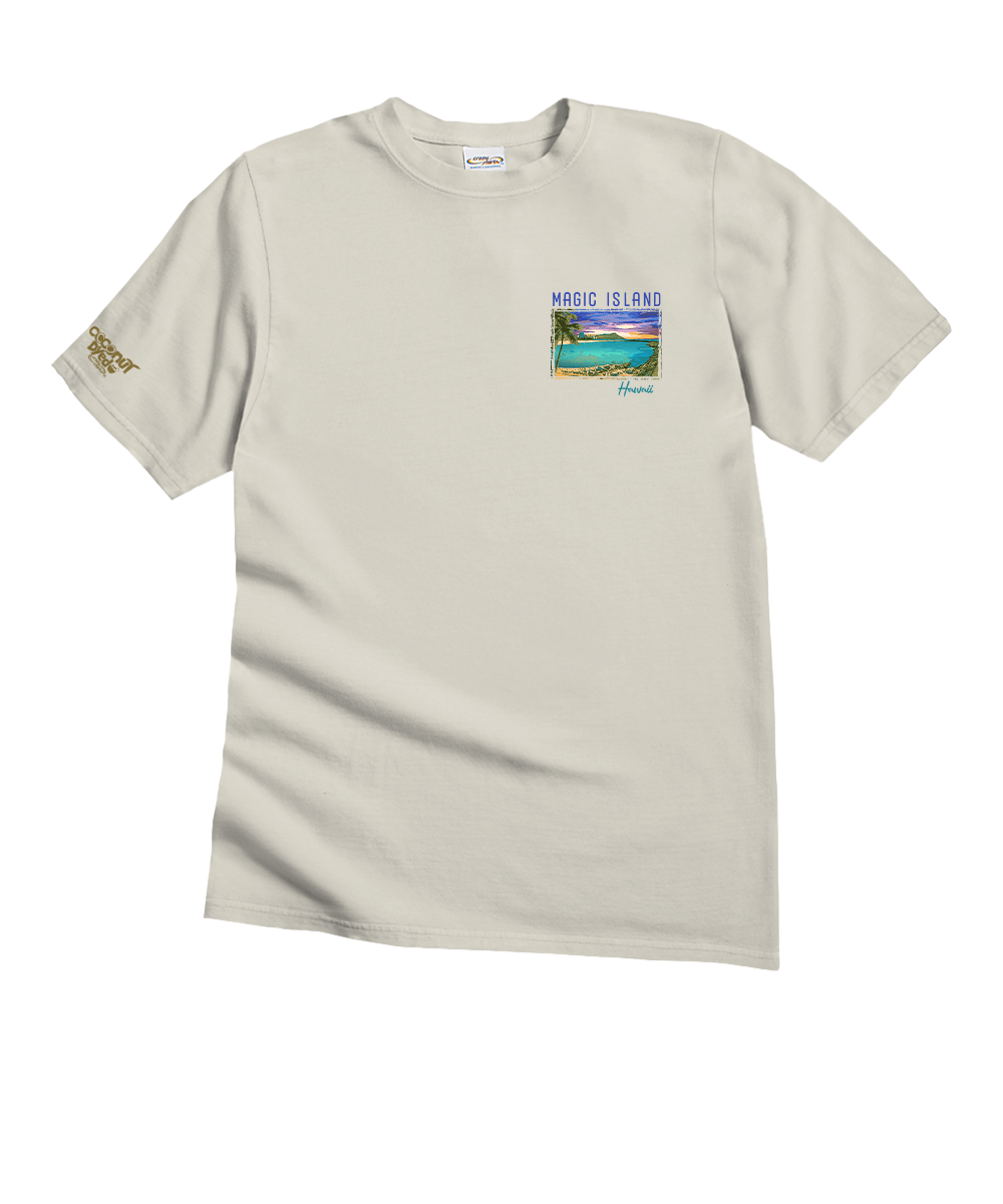 Creamy white t-shirt with a graphic of a beach scene and 'Magic Island' text on a white background View 4