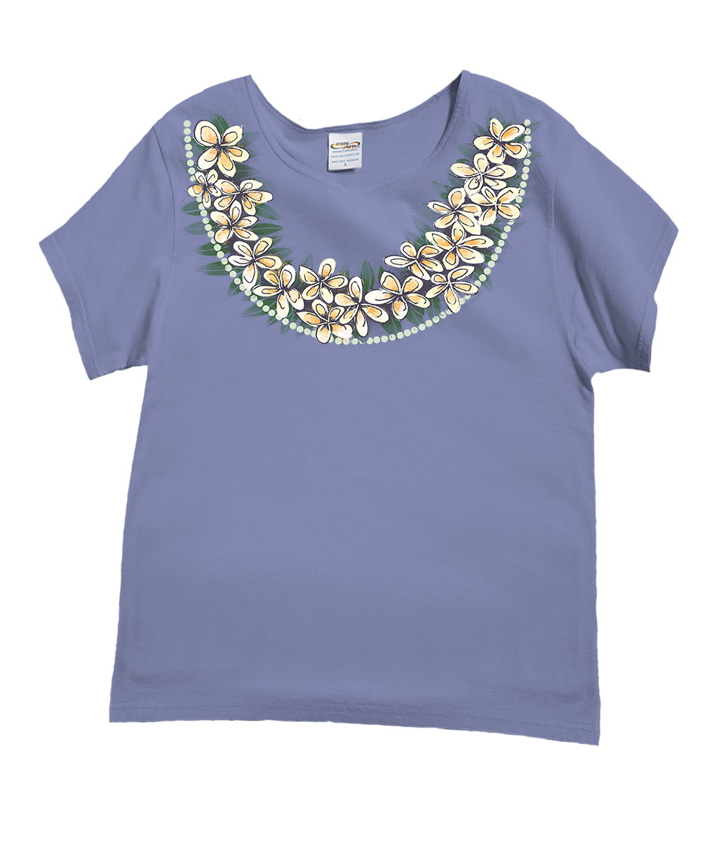 Purple t-shirt with floral neckline design on a white background View 1