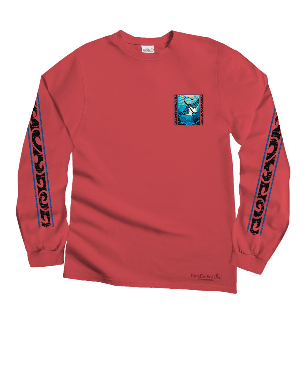 A red long-sleeve crewneck shirt with a small blue graphic on the left chest and black and blue graphic prints down both sleeves, shown on a plain white background. View 4