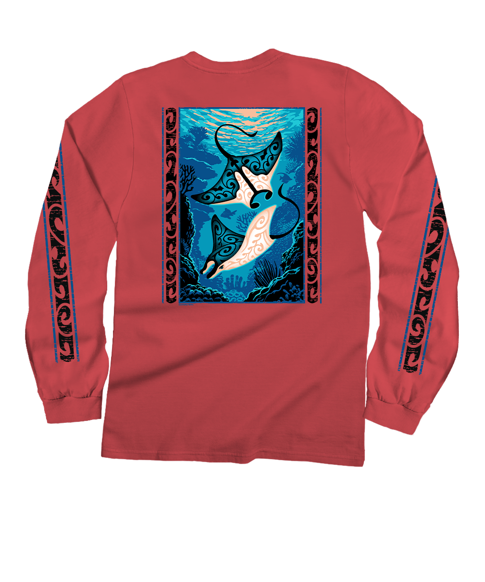 A red long-sleeve t-shirt with a large graphic print on the back showing two stylized blue and white dolphins in an underwater scene, with decorative black and blue patterns running down both sleeves. View 1