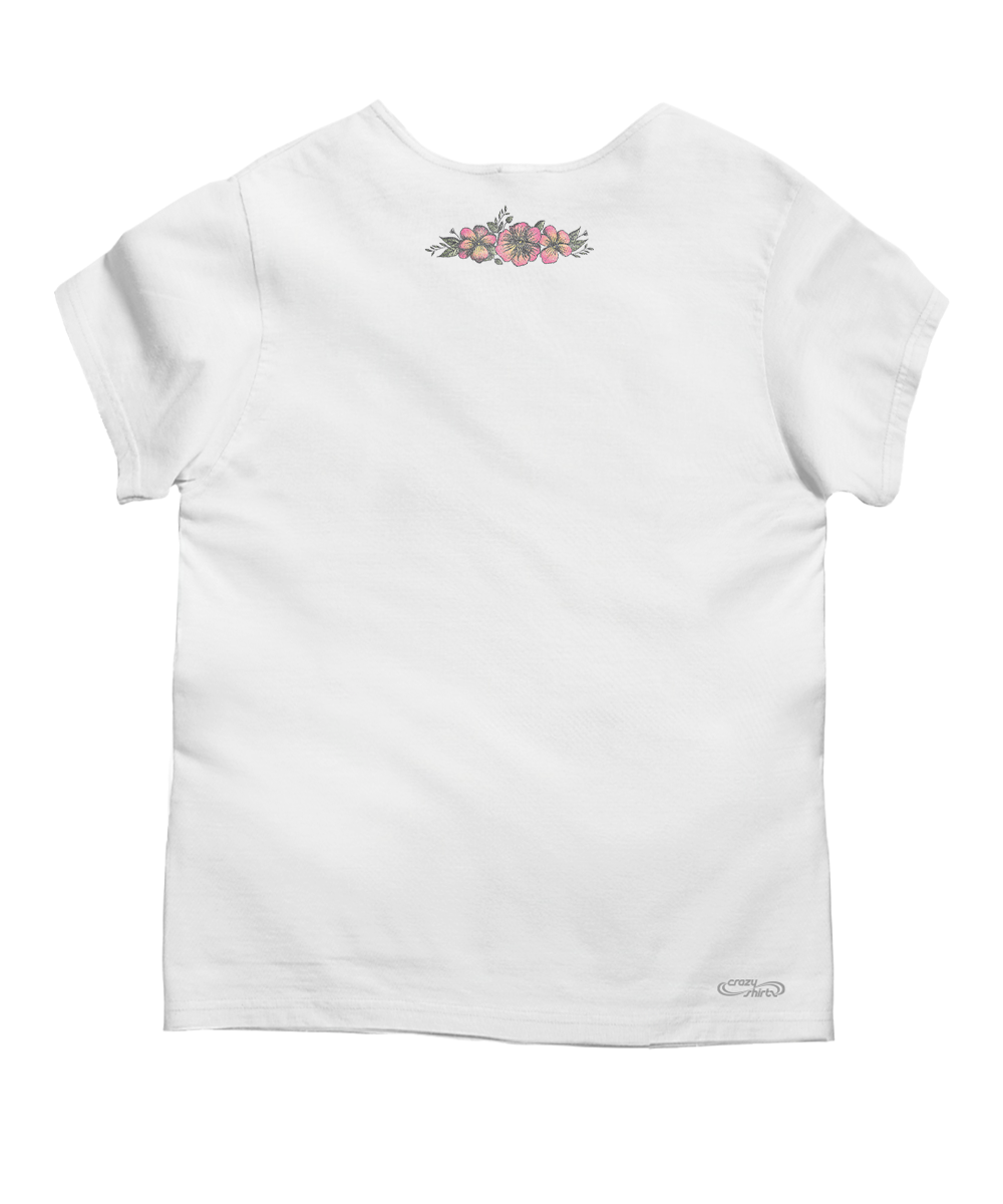 White short-sleeve t-shirt shown from the back, featuring a small floral graphic in pink, green, and purple tones near the upper back and a small gray logo near the bottom hem. View 4