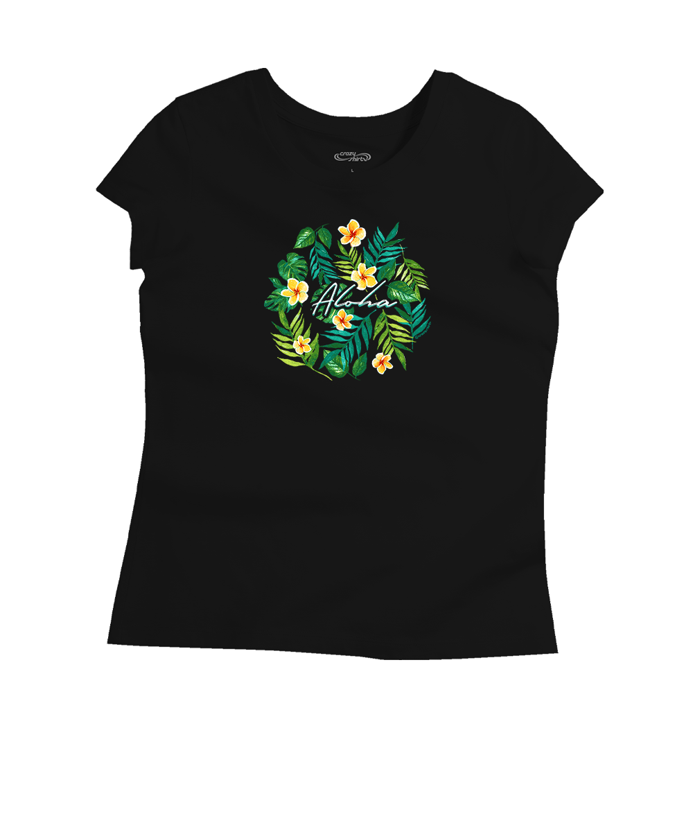 A black short-sleeve t-shirt with a tropical floral wreath graphic on the chest, featuring green leaves, yellow flowers, and white script text, displayed on a solid white background. View 1