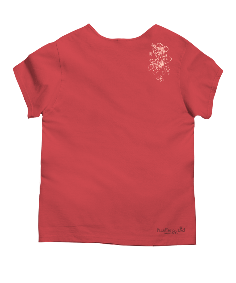 A red short-sleeve t-shirt shown from the back, featuring a small white floral line-art graphic near the upper right back and a small dark brand print near the lower left hem. View 4