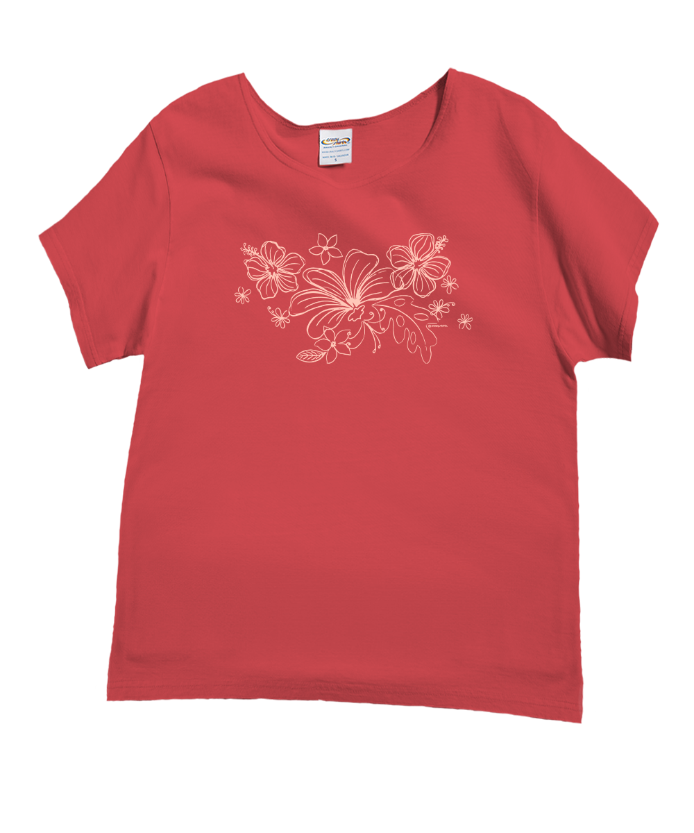 A red short-sleeve crewneck t-shirt with a white line art graphic of hibiscus flowers across the chest, displayed flat against a white background. View 1