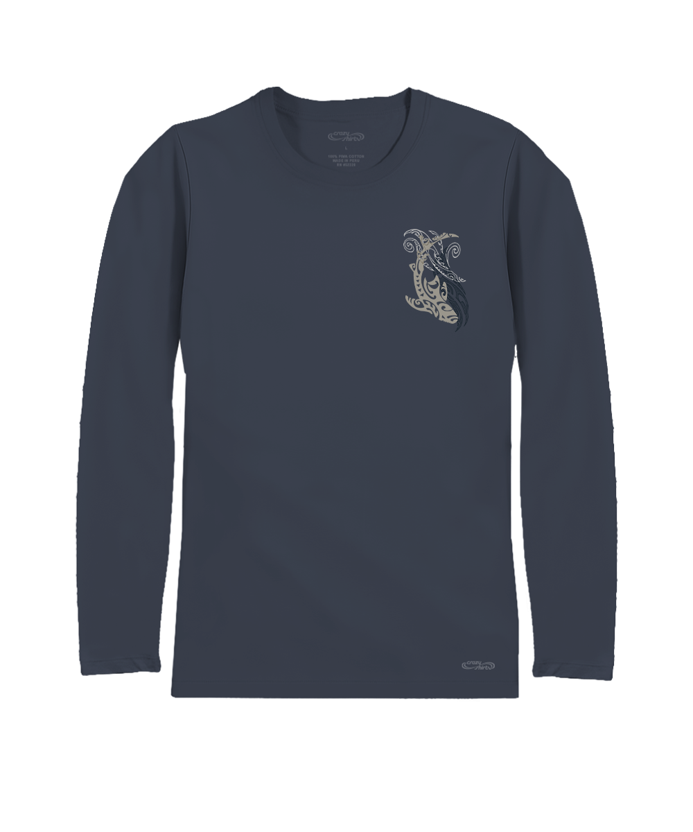 A dark navy blue long-sleeve crewneck shirt with a small light gray graphic on the left chest, displayed on a solid white background. View 4