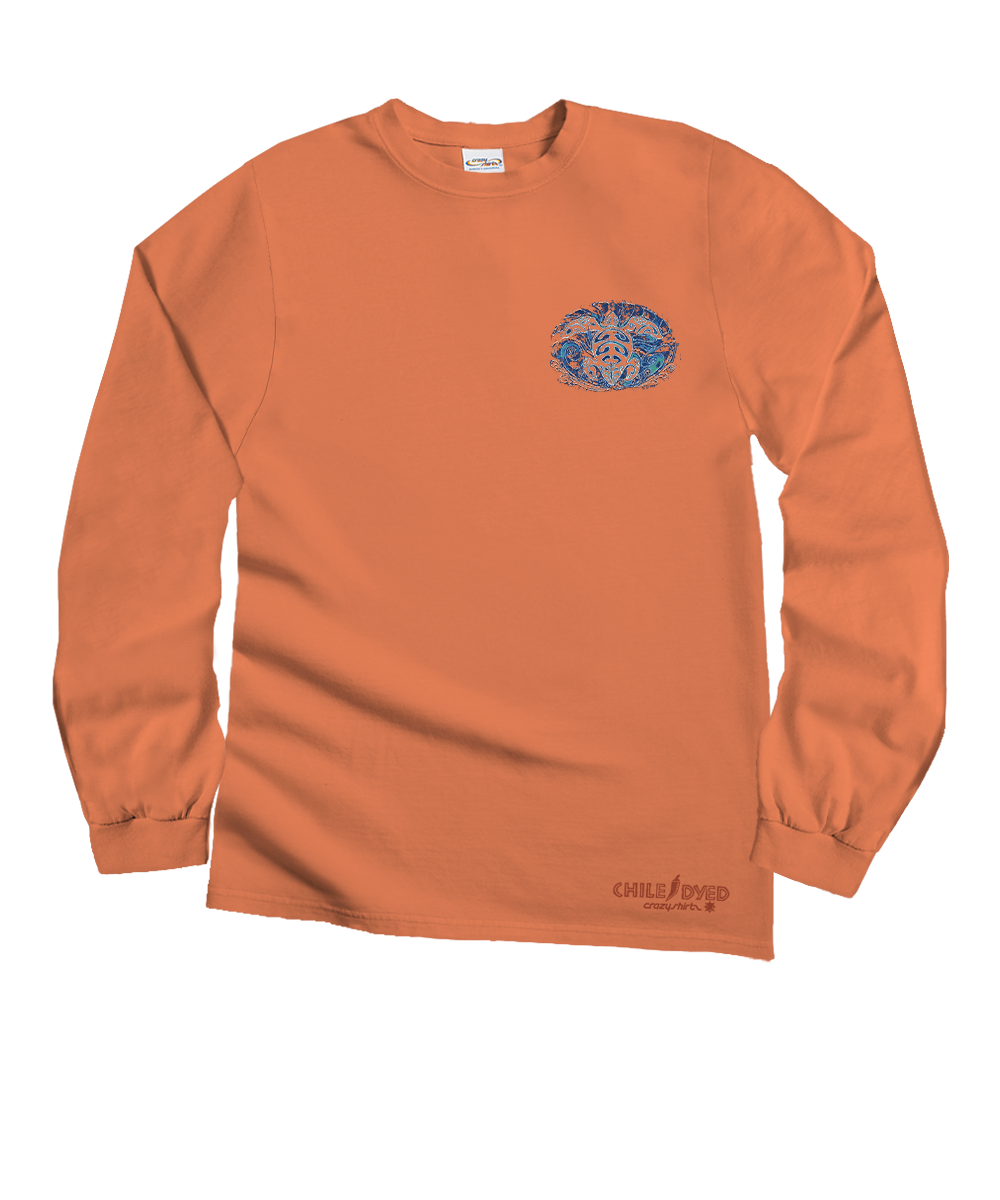 An orange long-sleeve crewneck t-shirt with a blue circular graphic on the left chest and 'chillwave' printed near the bottom hem, shown on a plain white background. View 4
