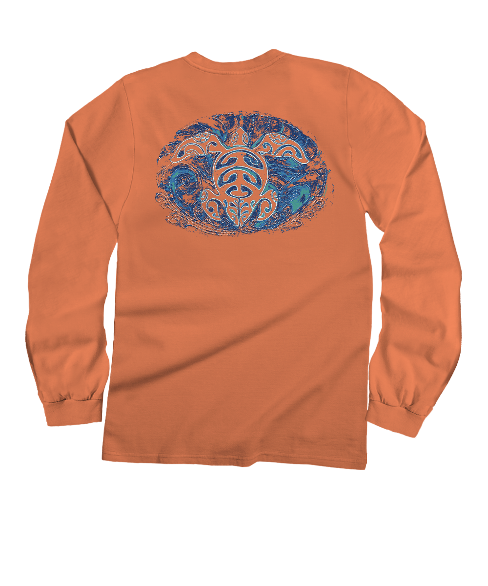 An orange long-sleeve t-shirt shown from the back, featuring a large blue and white graphic print of a stylized bird and tribal design on the upper back. View 1