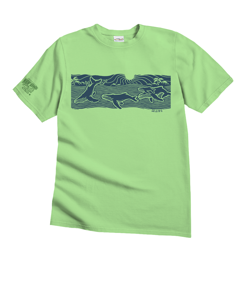 A light green short-sleeve crewneck t-shirt featuring a dark blue graphic print of running dogs across the chest, with a small brand tag visible inside the collar. View 1