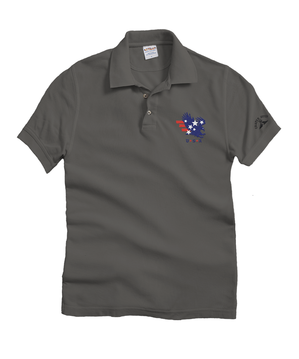 Gray polo shirt with a colorful logo on a white background View 1