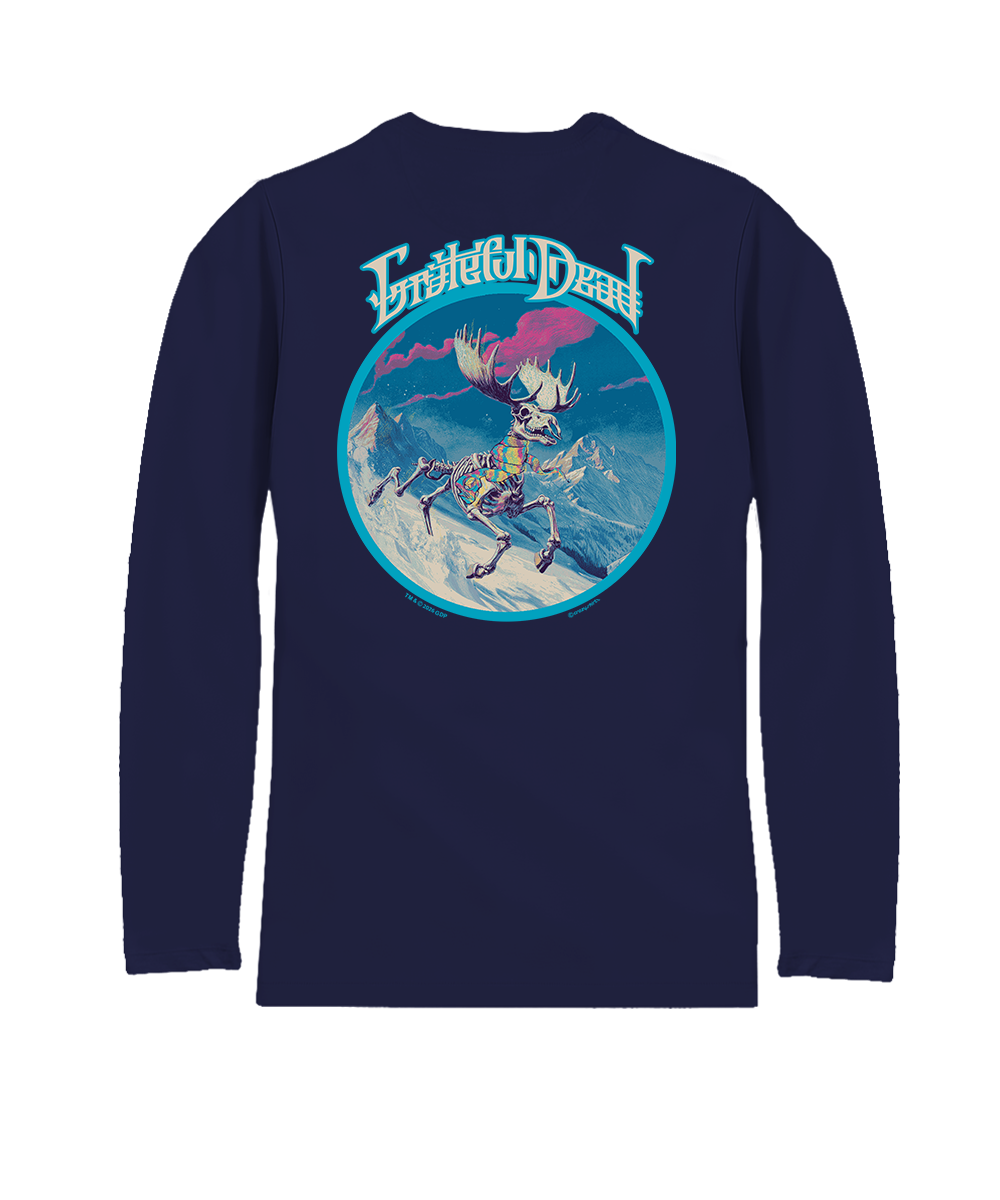 Navy blue long-sleeve shirt with a colorful graphic on the back, featuring text and a skeleton figure. View 1