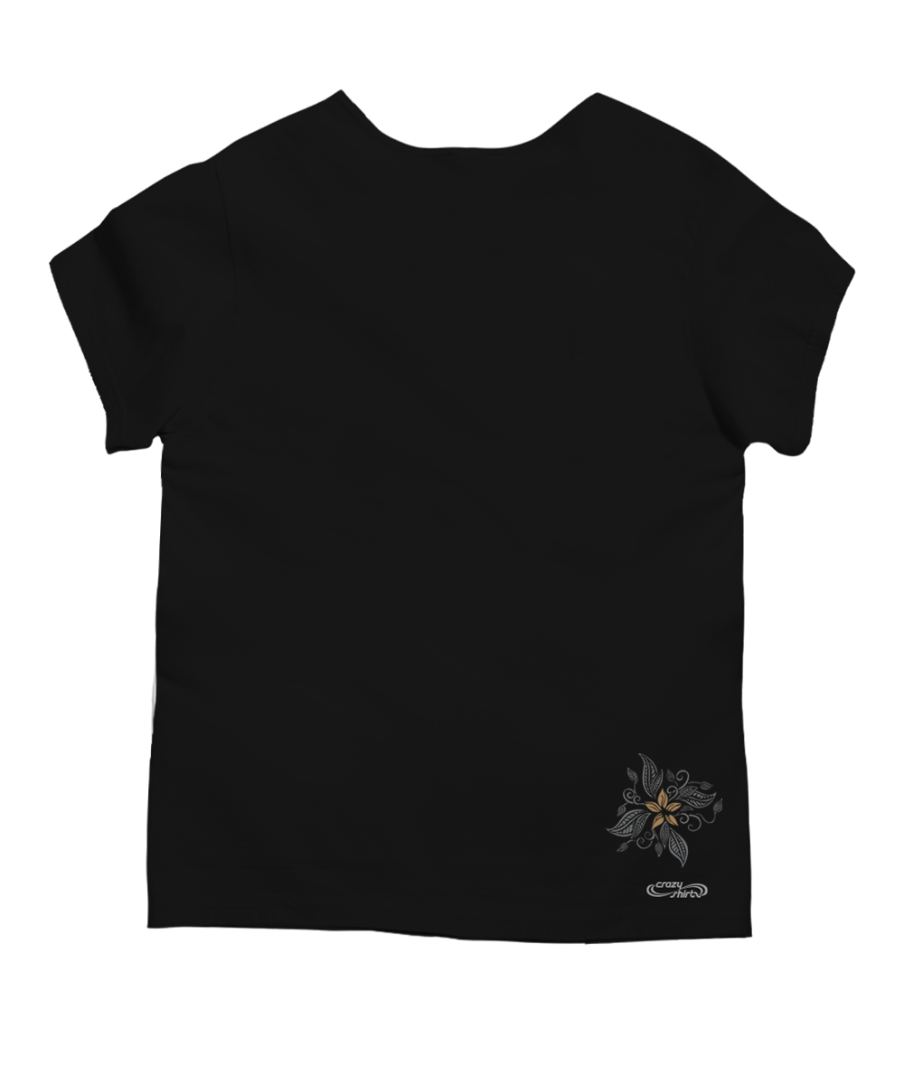 A black short-sleeve t-shirt shown from the back, featuring a small dark gray and gold floral graphic near the lower right side and a small white script logo underneath it. View 4