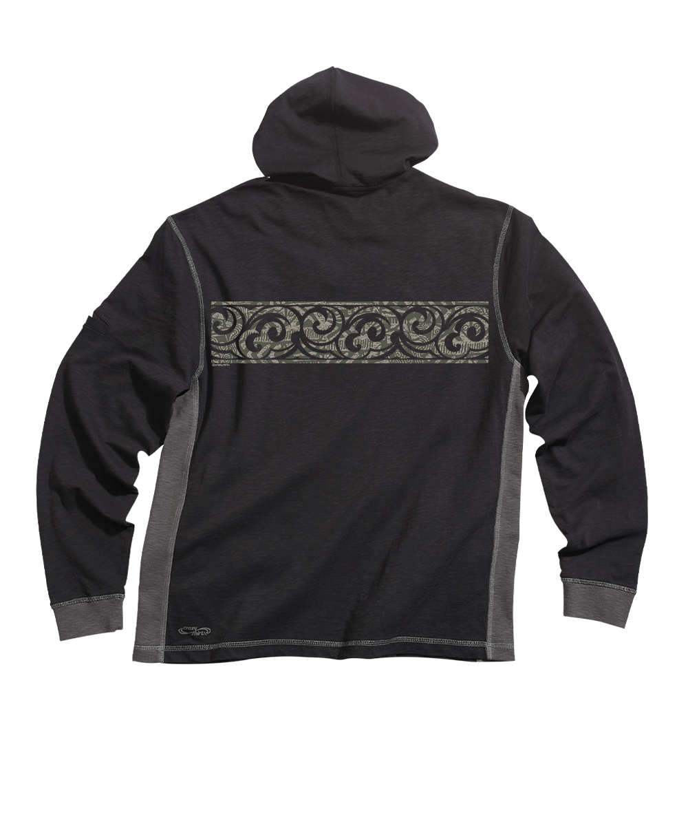 The back view of a black hooded long-sleeve shirt with gray side panels and a horizontal gray scrollwork pattern across the upper back. View 4