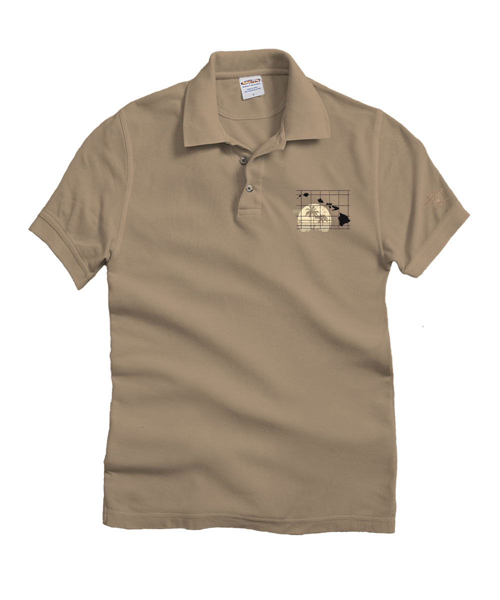 Beige polo shirt with a small logo on the chest against a white background View 1