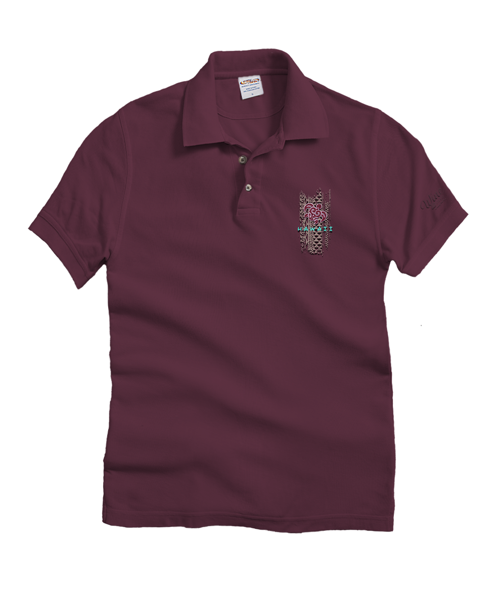 A short-sleeve polo shirt in maroon with a small embroidered owl design on the left chest, displayed against a plain white background. View 1