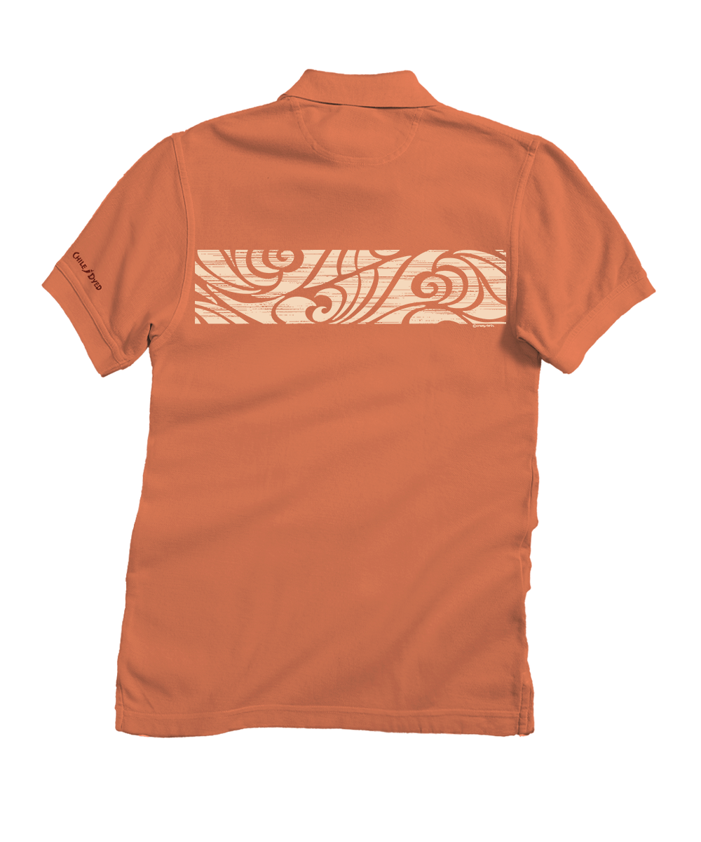 The back view of a short-sleeve polo shirt in a solid terracotta orange color, displayed on a clean white background. View 4