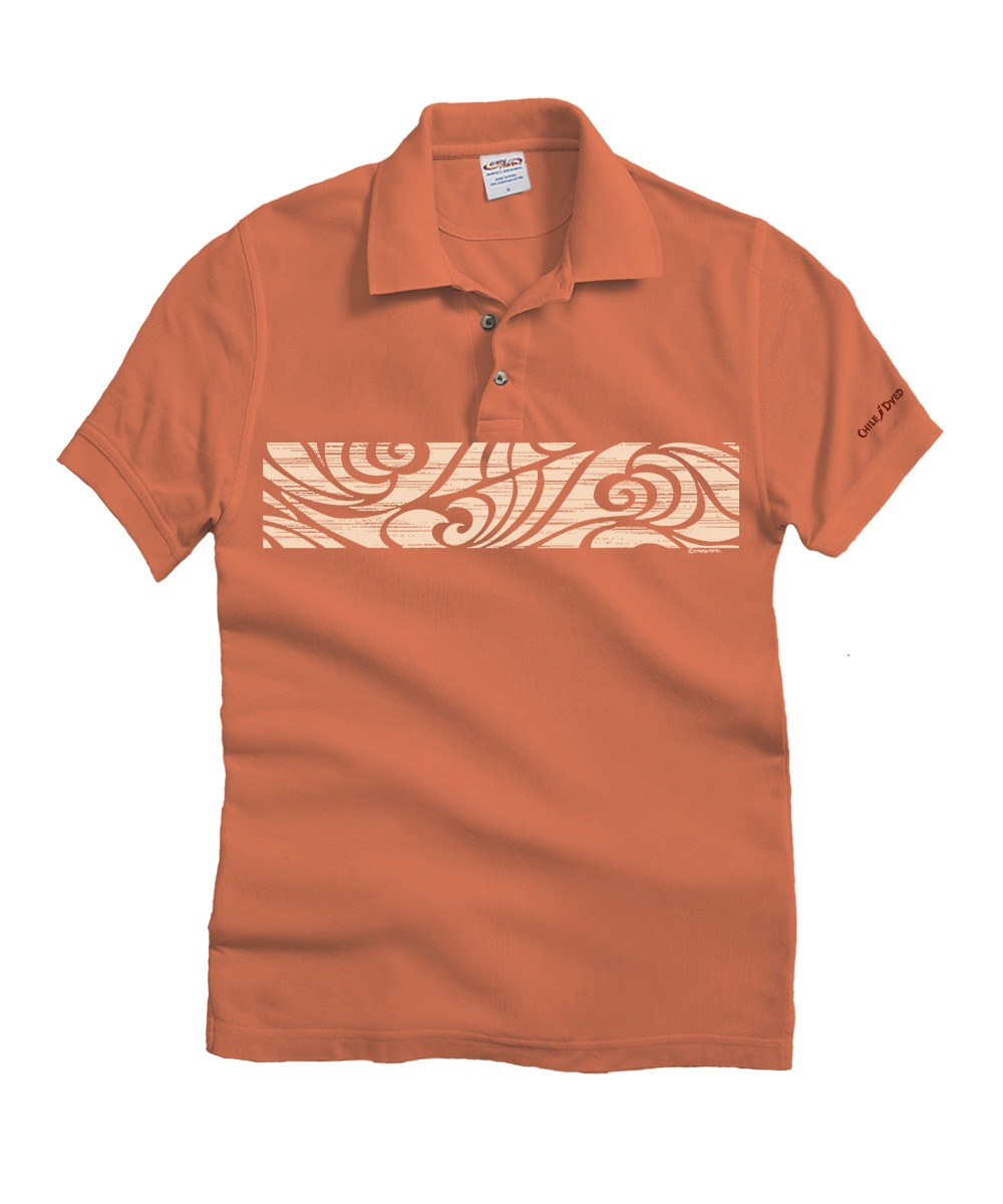 An orange short-sleeve polo shirt with a small multicolor embroidered crest on the left chest, displayed flat against a white background. View 1