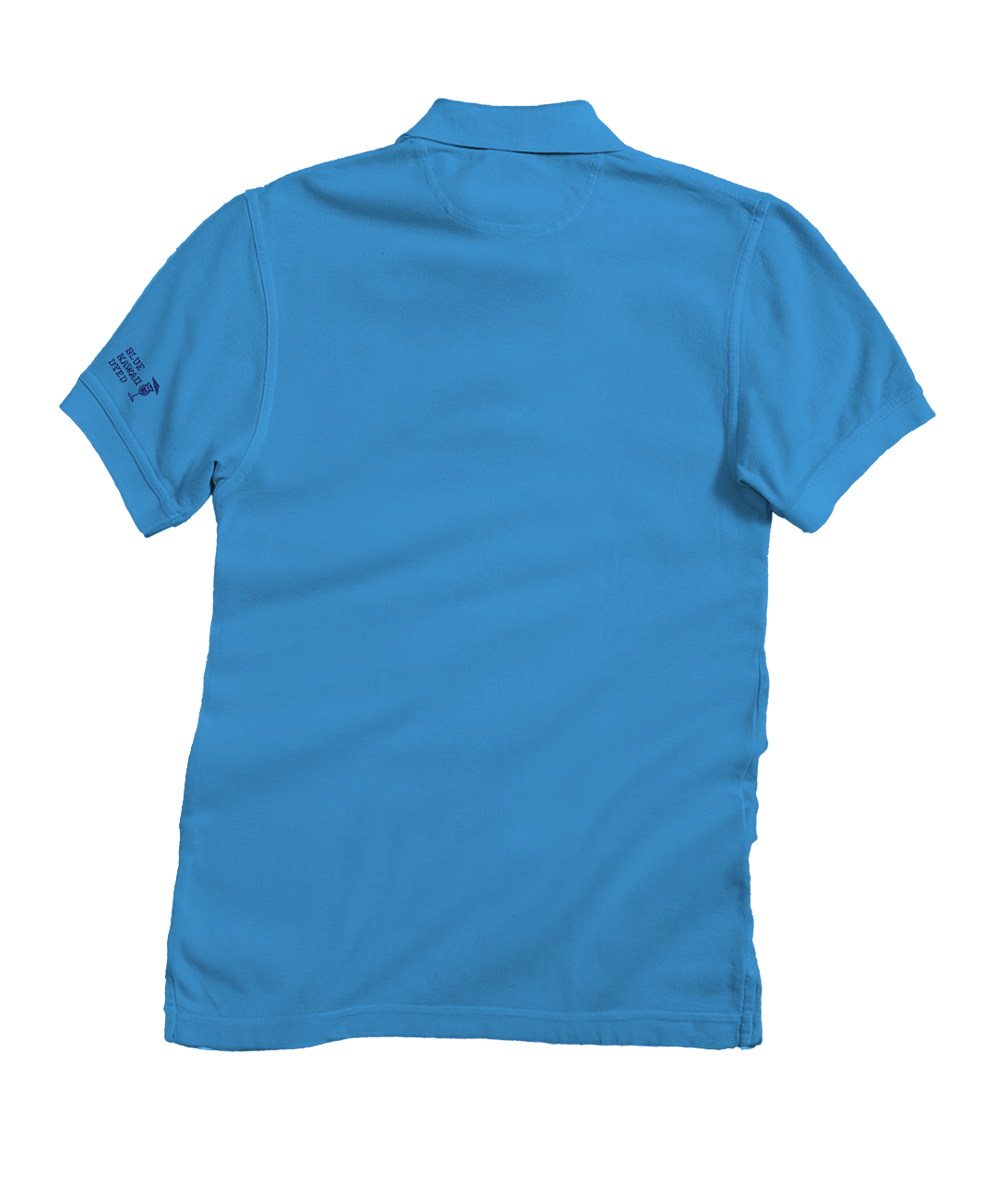 A bright blue short-sleeve polo shirt shown from the back, laid flat against a plain white background. View 4