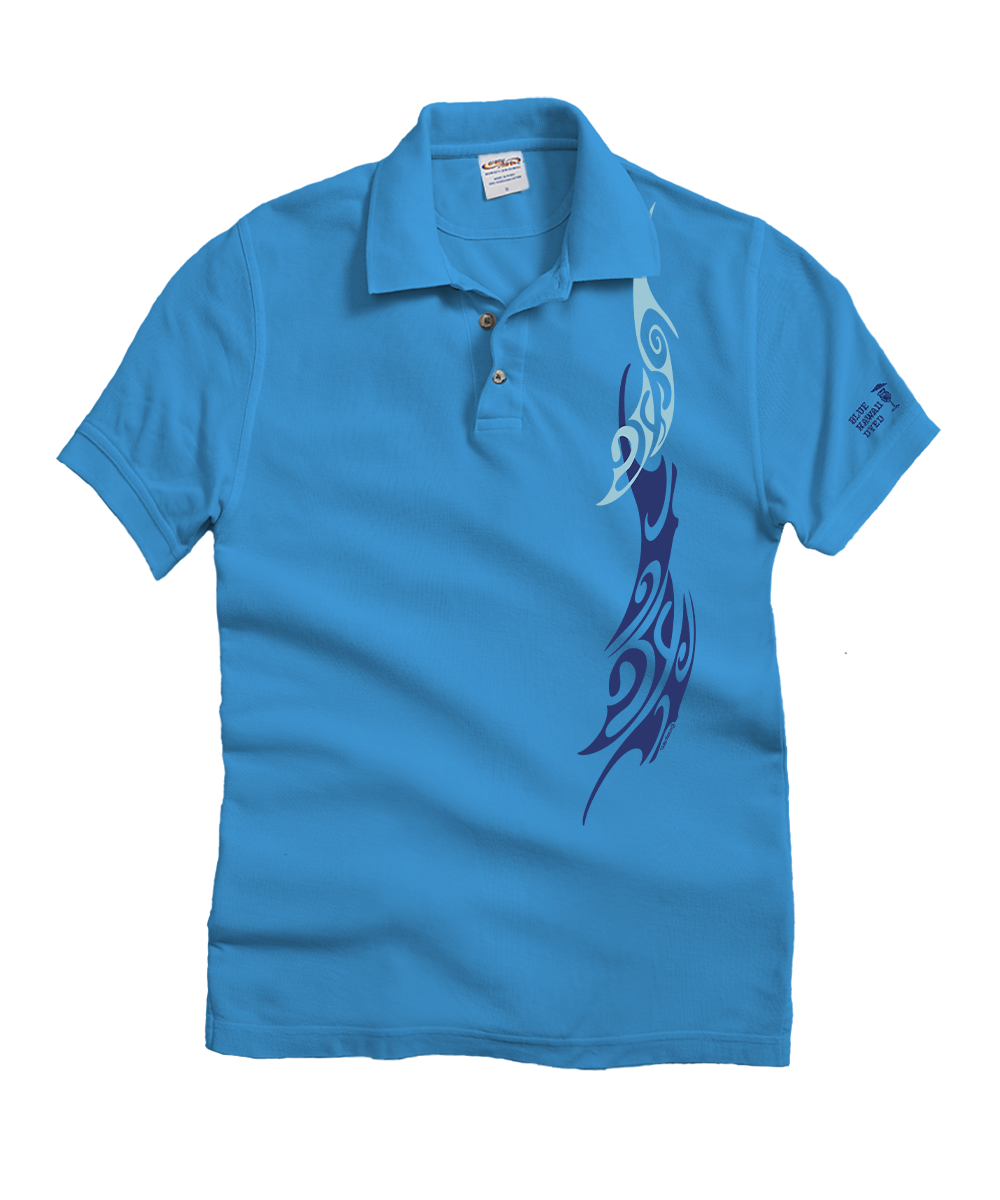 A bright blue short-sleeve polo shirt with a dark blue tribal-style graphic print running down the right side of the chest, displayed on a solid white background. View 1