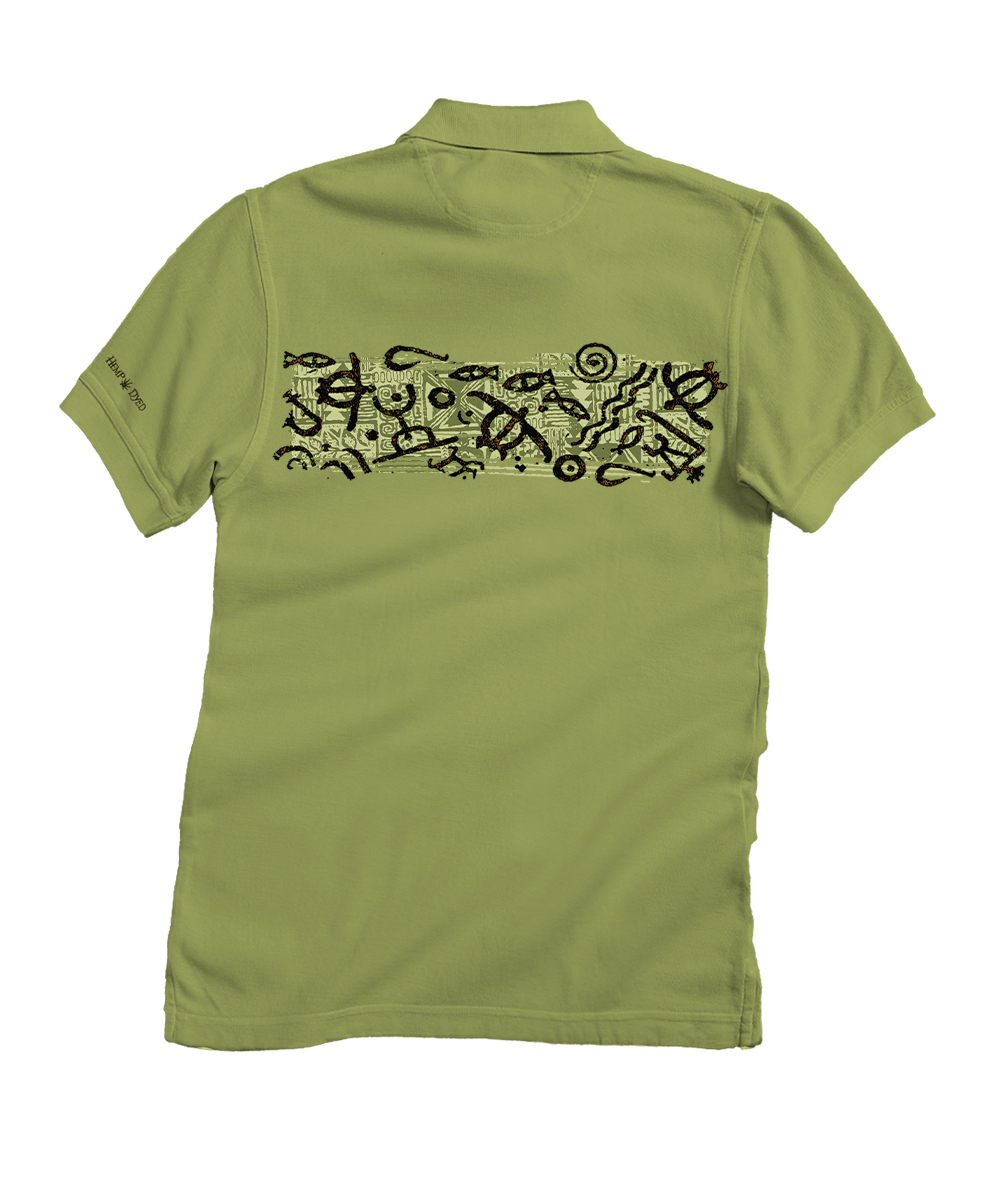 An olive green short-sleeve polo shirt shown from the back, featuring a horizontal black abstract graphic print across the upper back. View 4