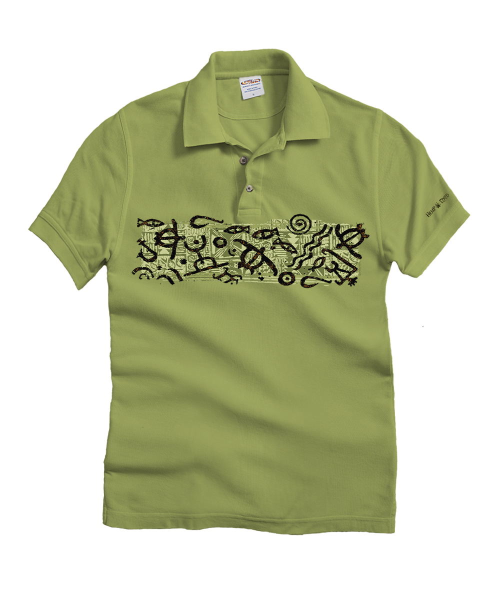 A short-sleeve polo shirt in olive green with a black abstract graphic print across the chest, displayed flat against a white background. View 1