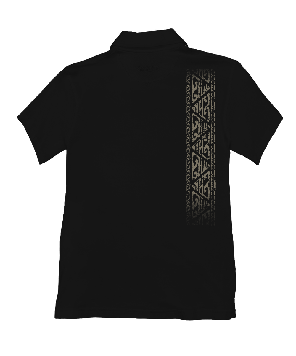 A black short-sleeve polo shirt shown from the back, featuring a vertical decorative tribal-style pattern in dark gray or black running down the right side. View 4