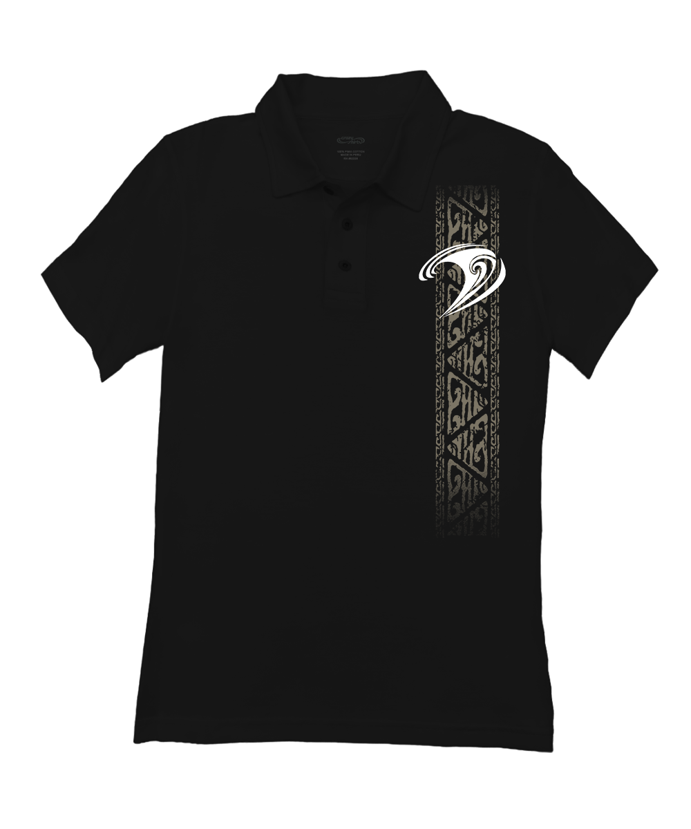 A black short-sleeve polo shirt with a vertical tribal pattern on the right side of the chest and a white stylized logo on the left chest, shown against a plain white background. View 1