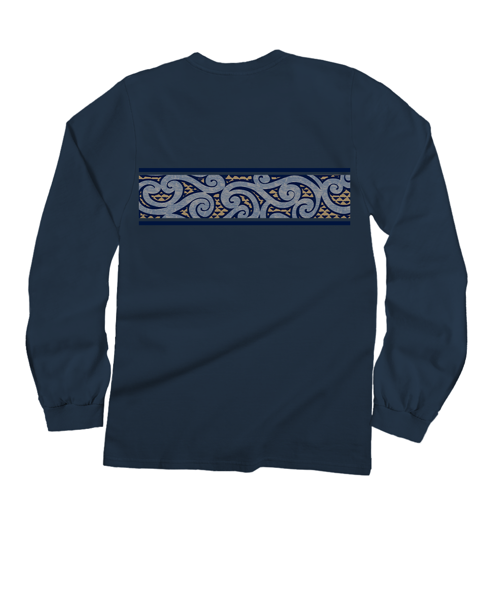 A navy blue long-sleeve t-shirt with a horizontal decorative band across the chest featuring a light blue and gold Maori-style wave pattern, shown against a plain white background. View 4