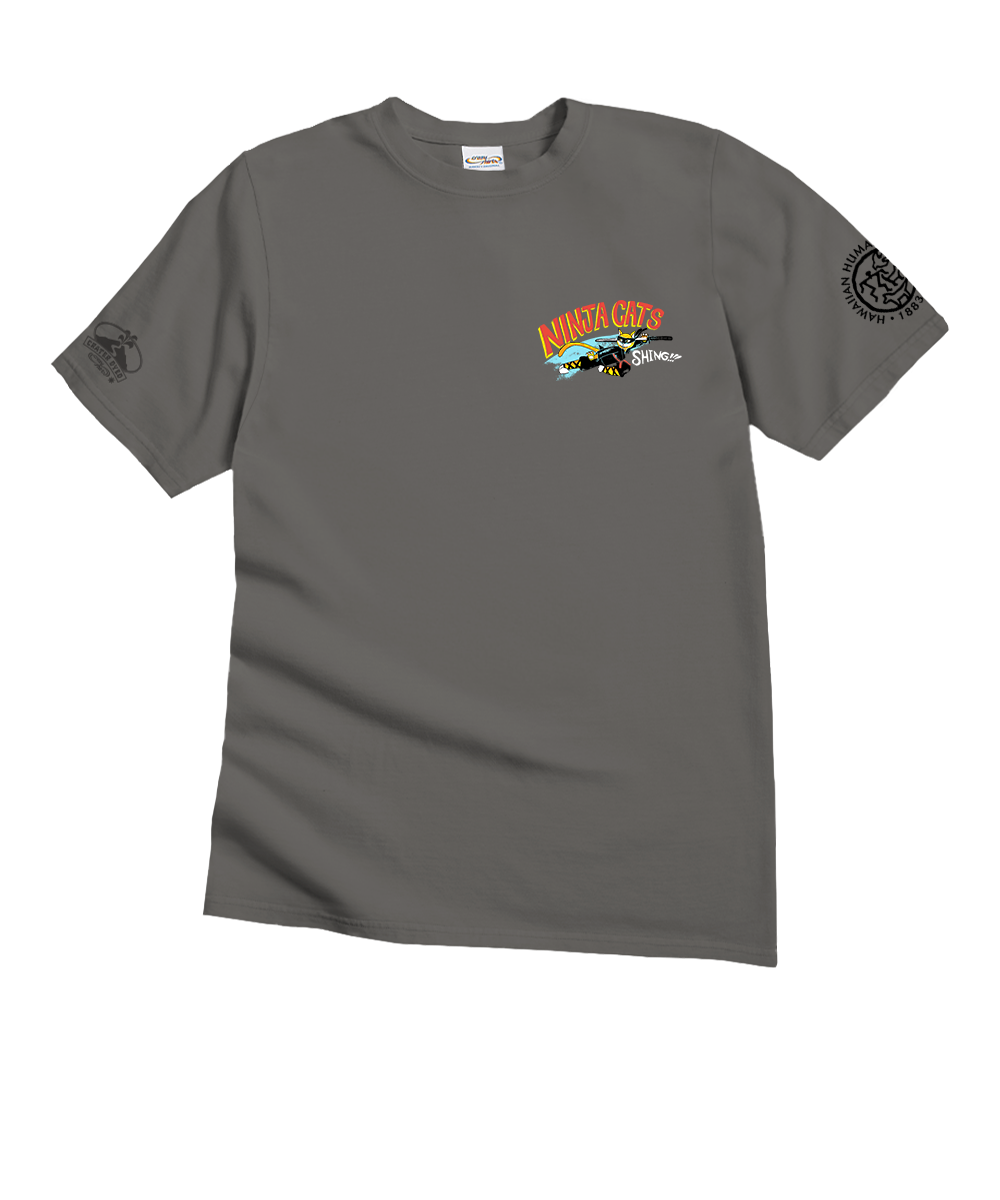 Gray t-shirt with graphic design on a white background View 4