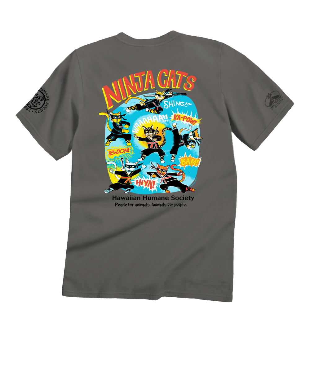 Gray t-shirt with colorful 'Ninja Cats' graphic on the back, featuring cartoon cats and text. View 1