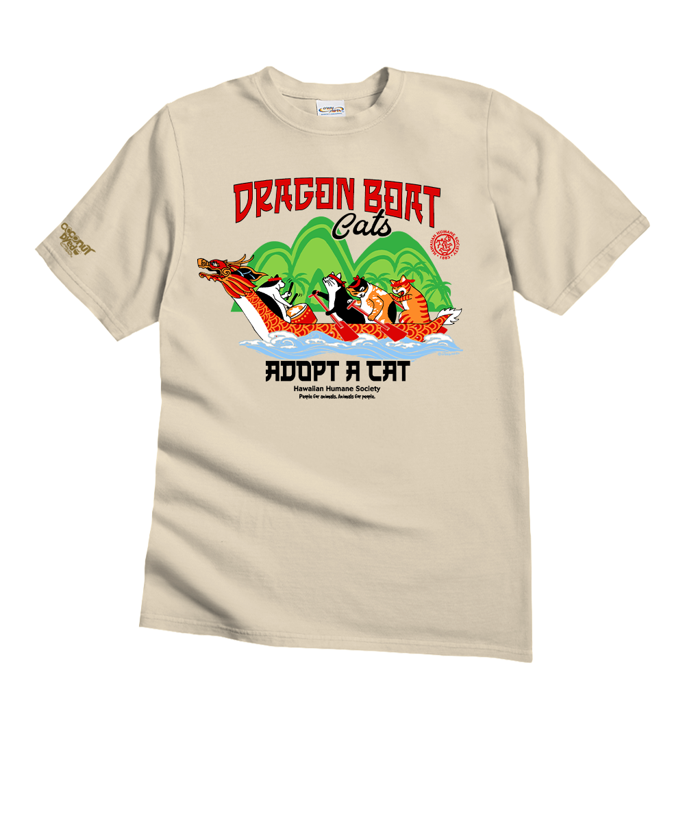 Beige t-shirt with a colorful graphic of cats on a dragon boat and text 'Dragon Boat Cats Adopt A Cat' on a white background. View 1