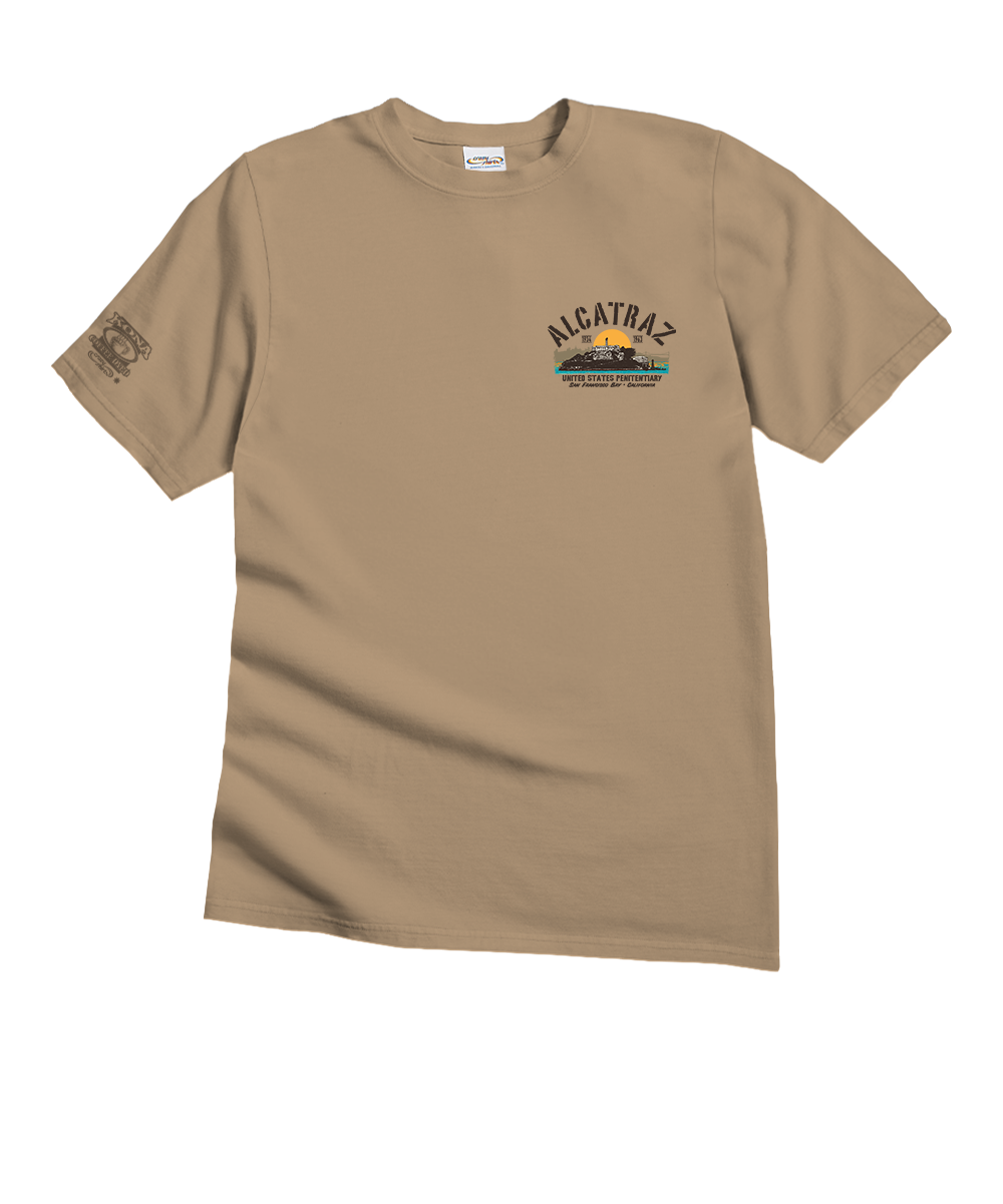 Beige t-shirt with 'Alcatraz' graphic design on a white background View 4