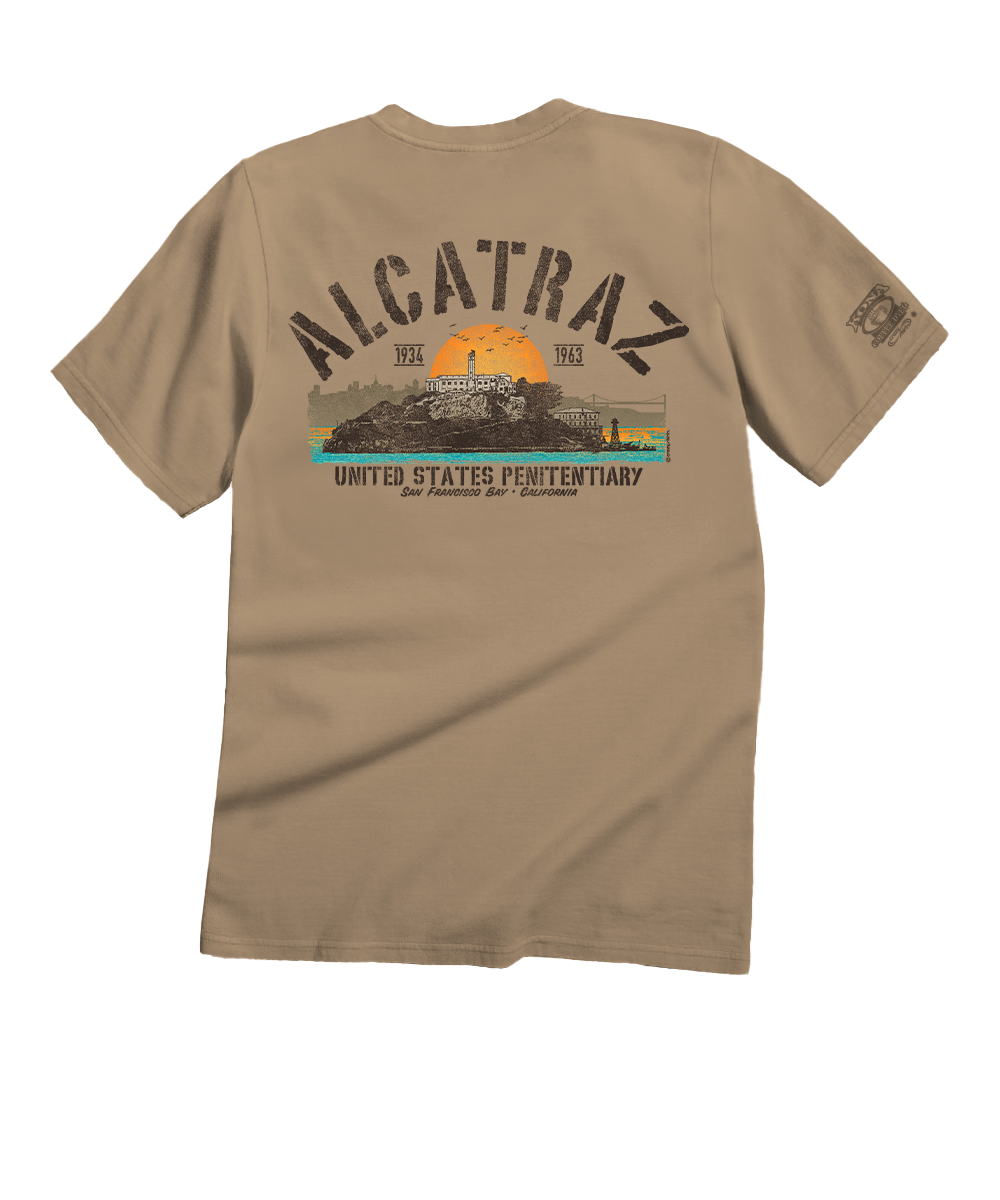 Beige t-shirt with Alcatraz graphic on a white background View 1