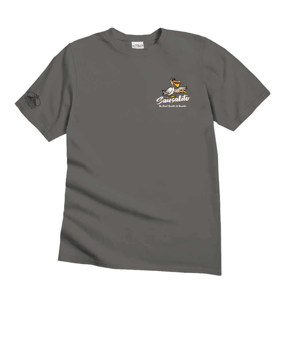Gray t-shirt with a logo on the chest against a white background View 4