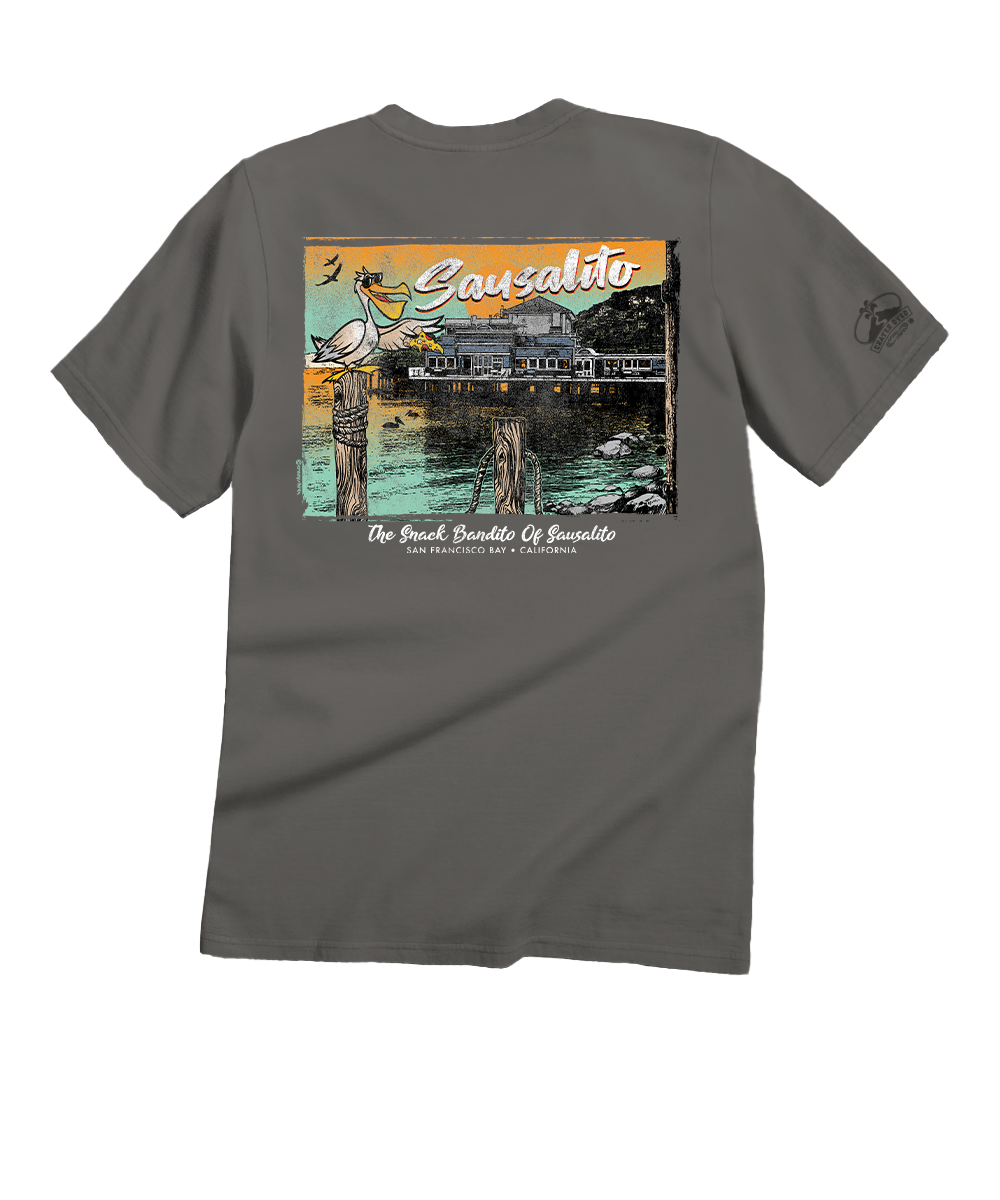 Gray t-shirt with a graphic of a pelican and the words "Sausalito" on the back against a white background View 1